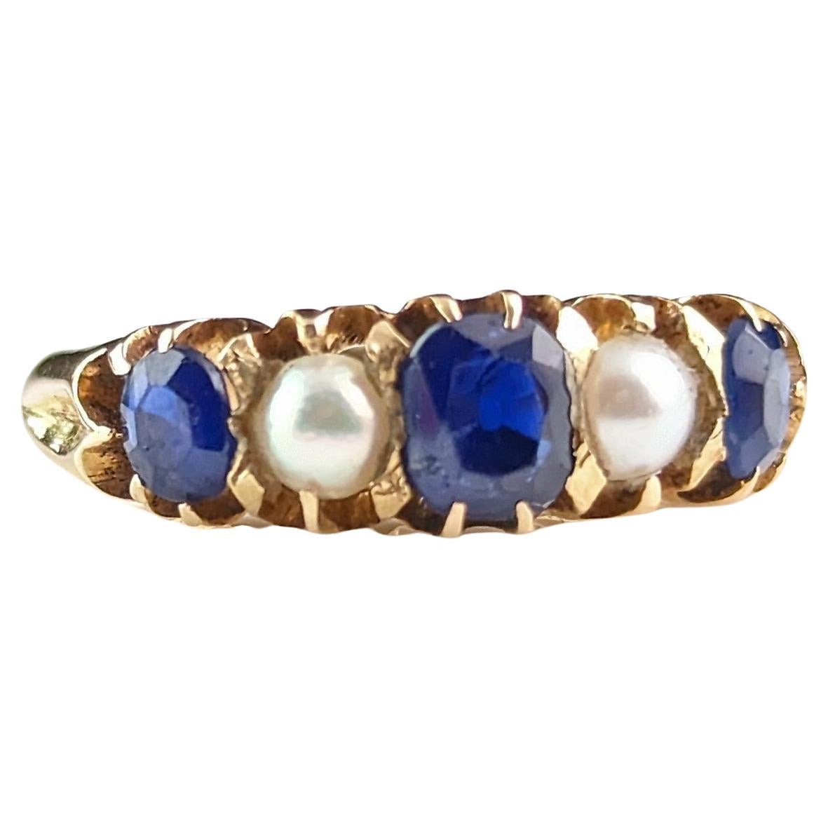 Antique Sapphire and Pearl five stone ring, 18k yellow gold, Victorian