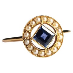 Antique Sapphire and Pearl Halo Ring, 18K Yellow Gold, Art Deco Era