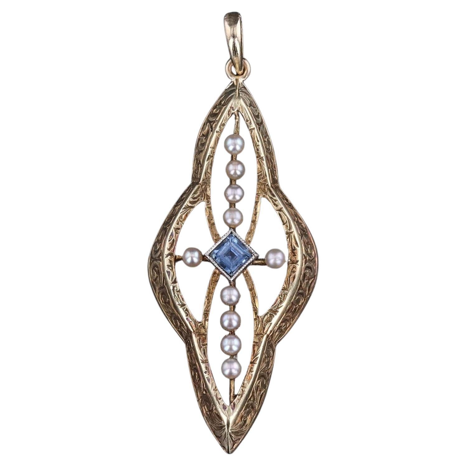 Pendentif ancien en or 14k avec saphir et perle en vente