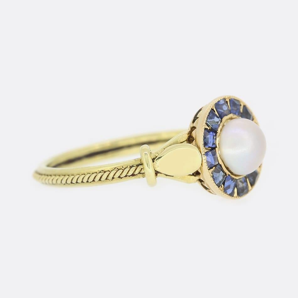 Victorian Antique Sapphire and Pearl Target Ring For Sale