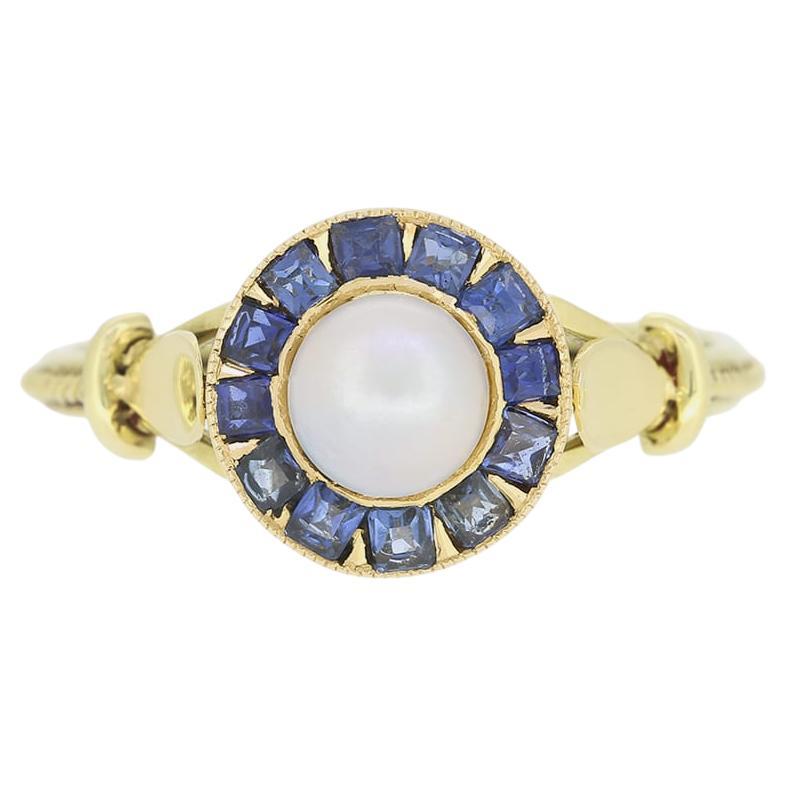 Antique Sapphire and Pearl Target Ring For Sale
