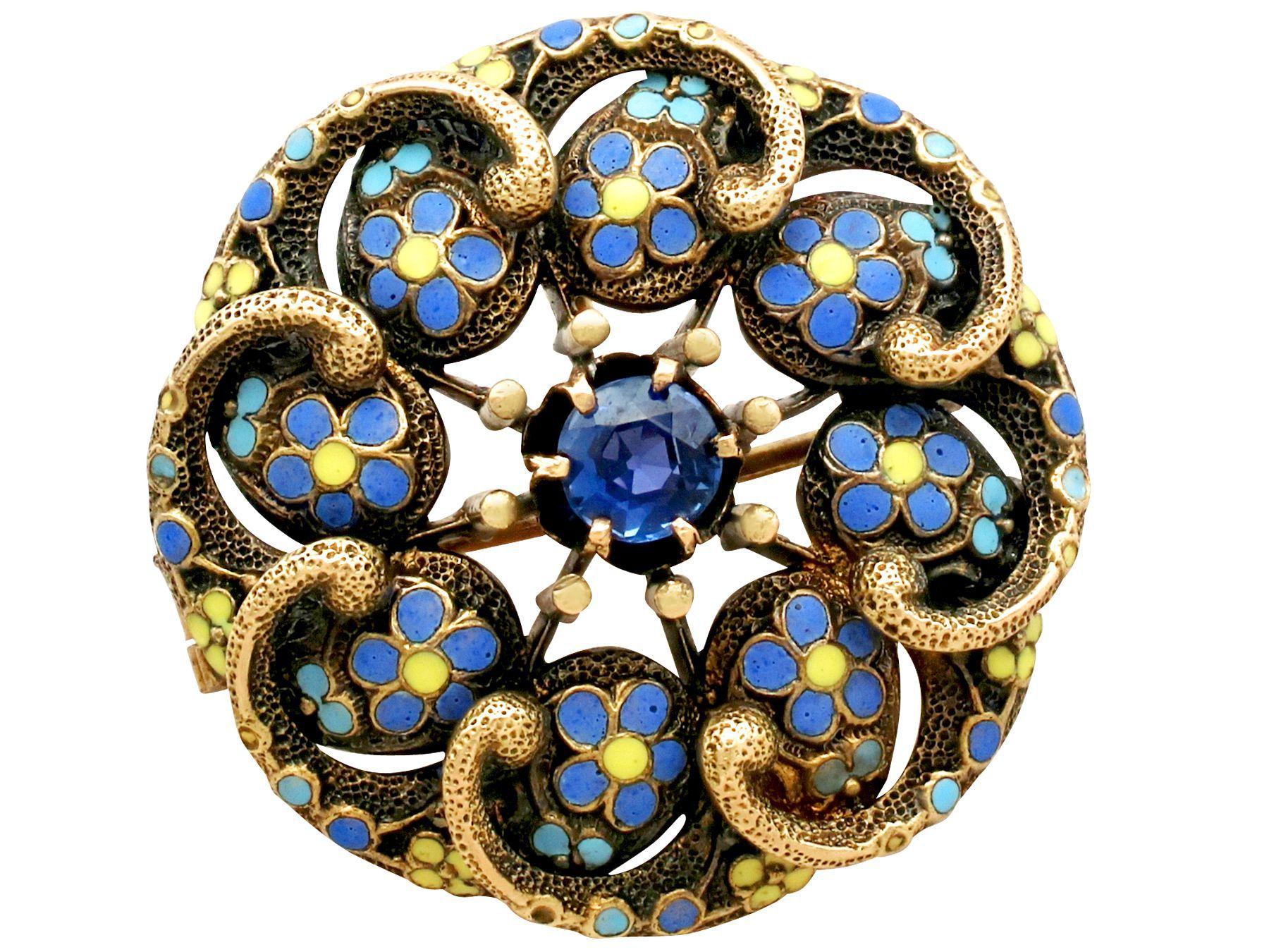 Round Cut Antique Sapphire and Polychrome Enamel Yellow Gold Pendant Brooch For Sale