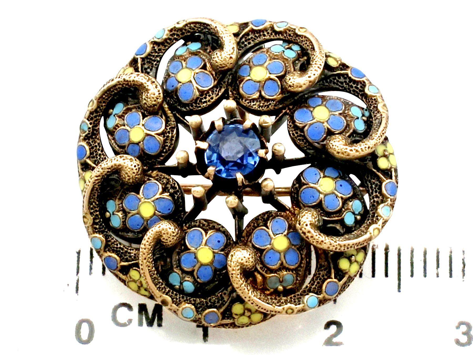 Antique Sapphire and Polychrome Enamel Yellow Gold Pendant Brooch For Sale 1