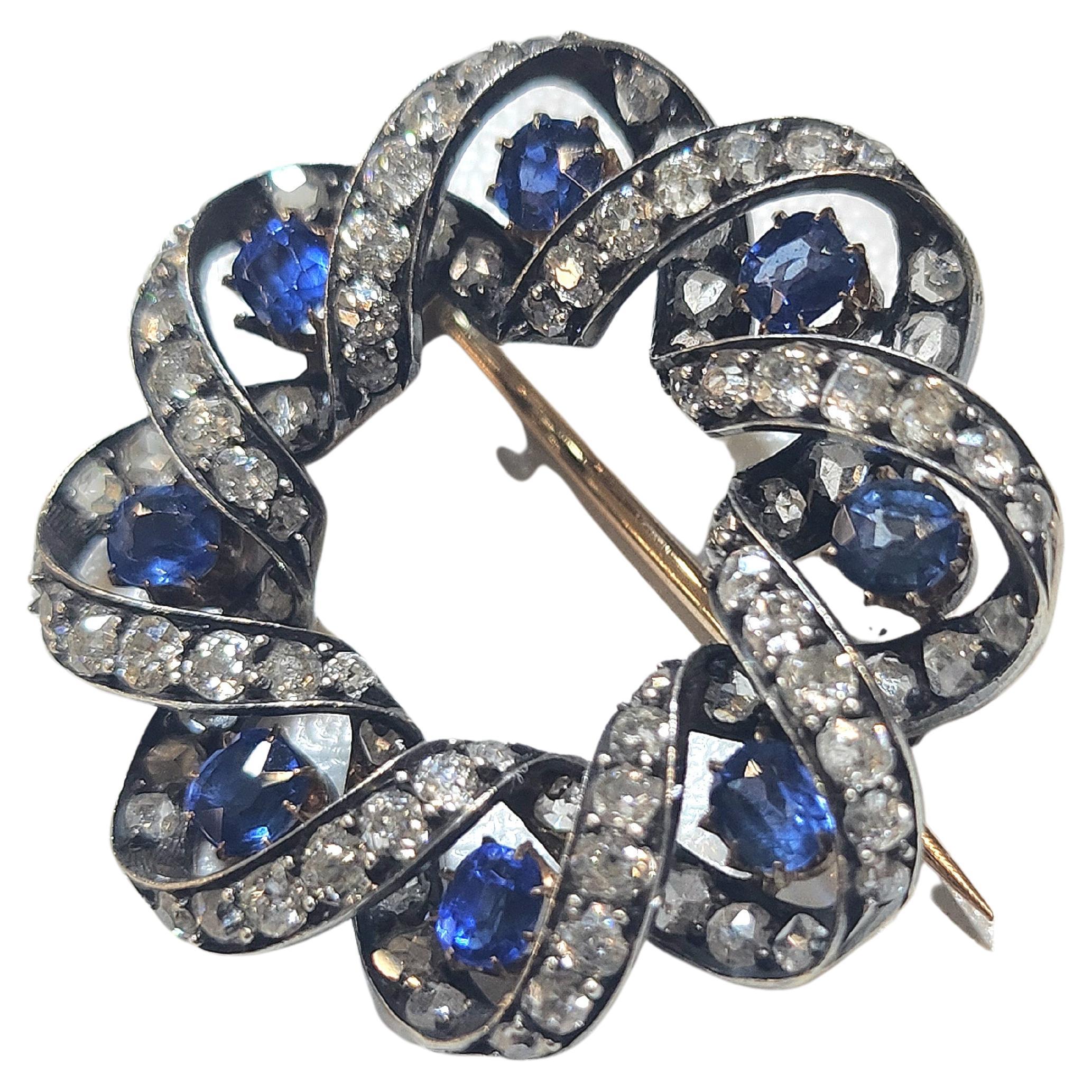 Antique 1900s Sapphire and Rose Cut Diamond Gold Brooch In Good Condition In Cairo, EG