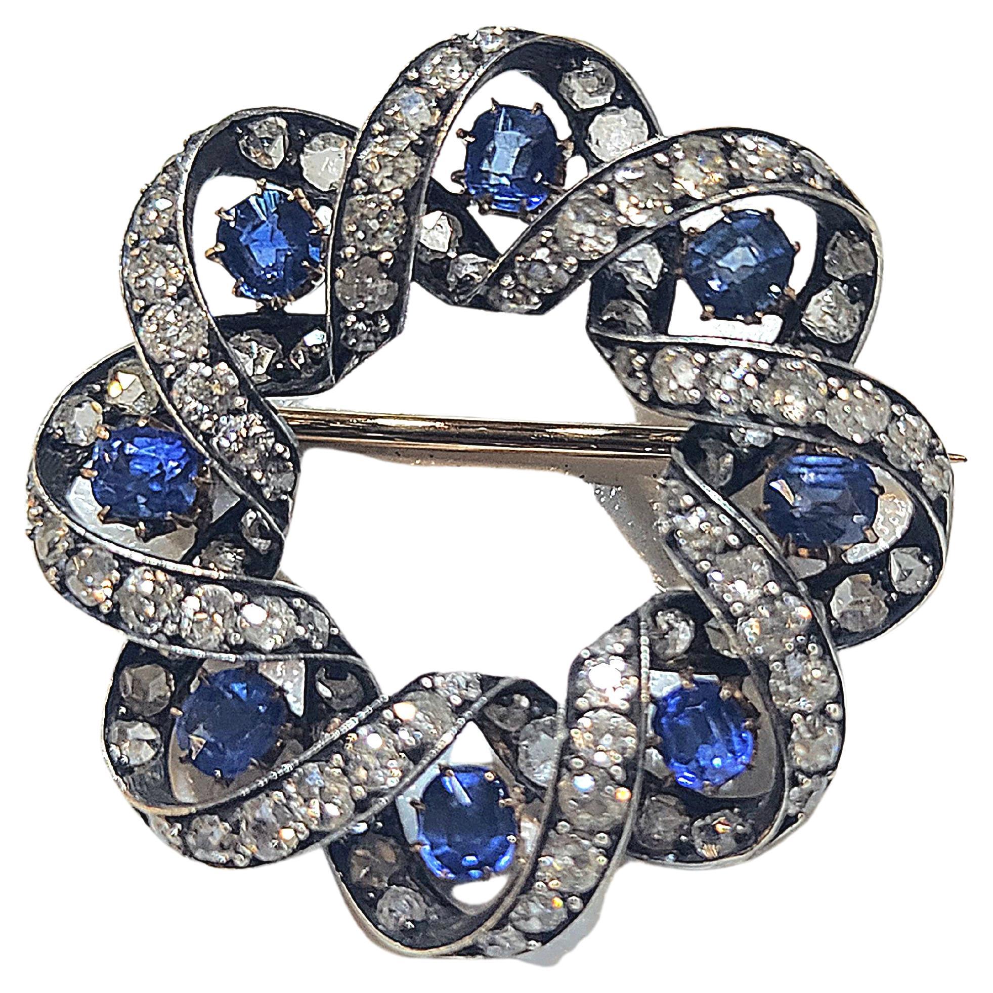 Antique 1900s Sapphire and Rose Cut Diamond Gold Brooch 2