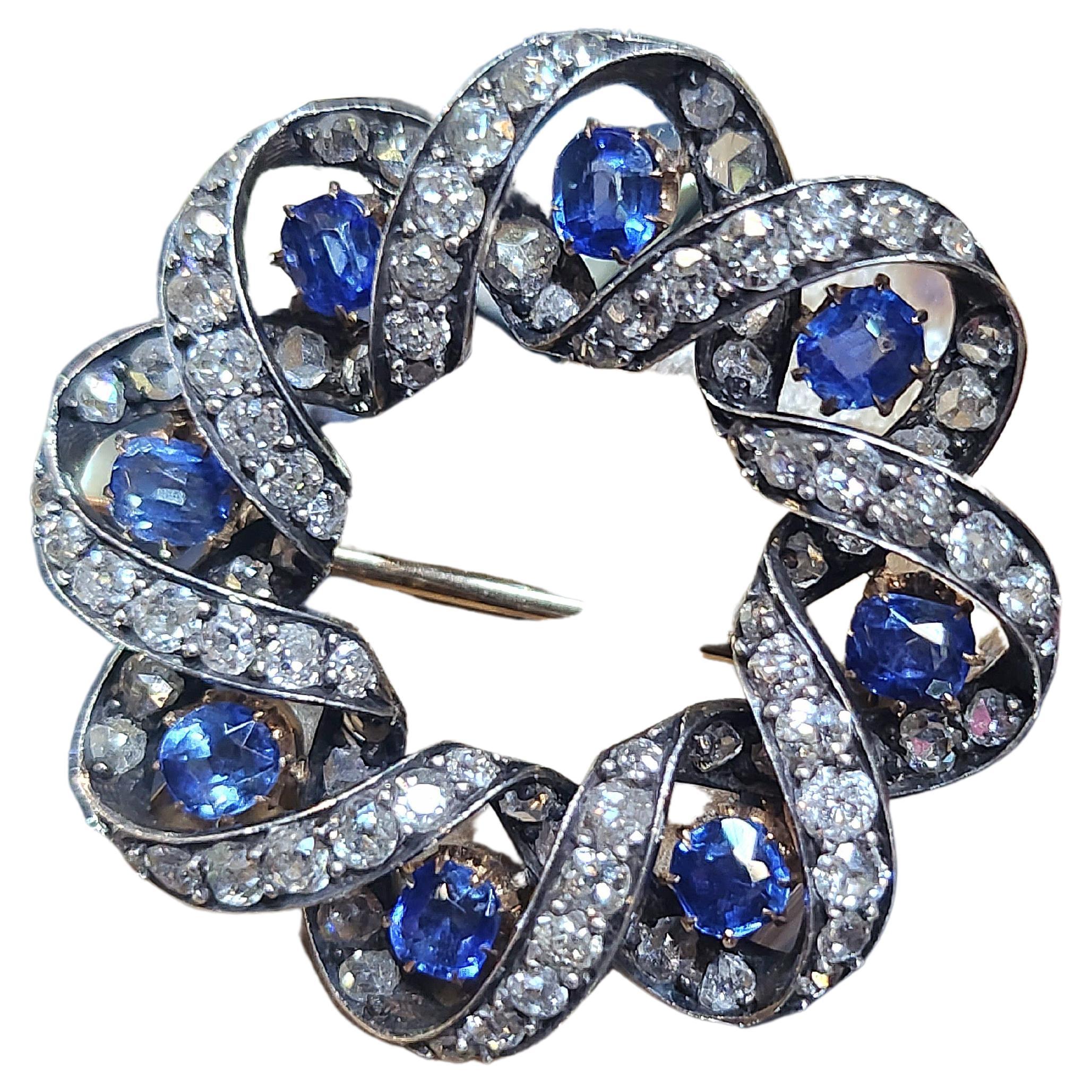 Antique 1900s Sapphire and Rose Cut Diamond Gold Brooch