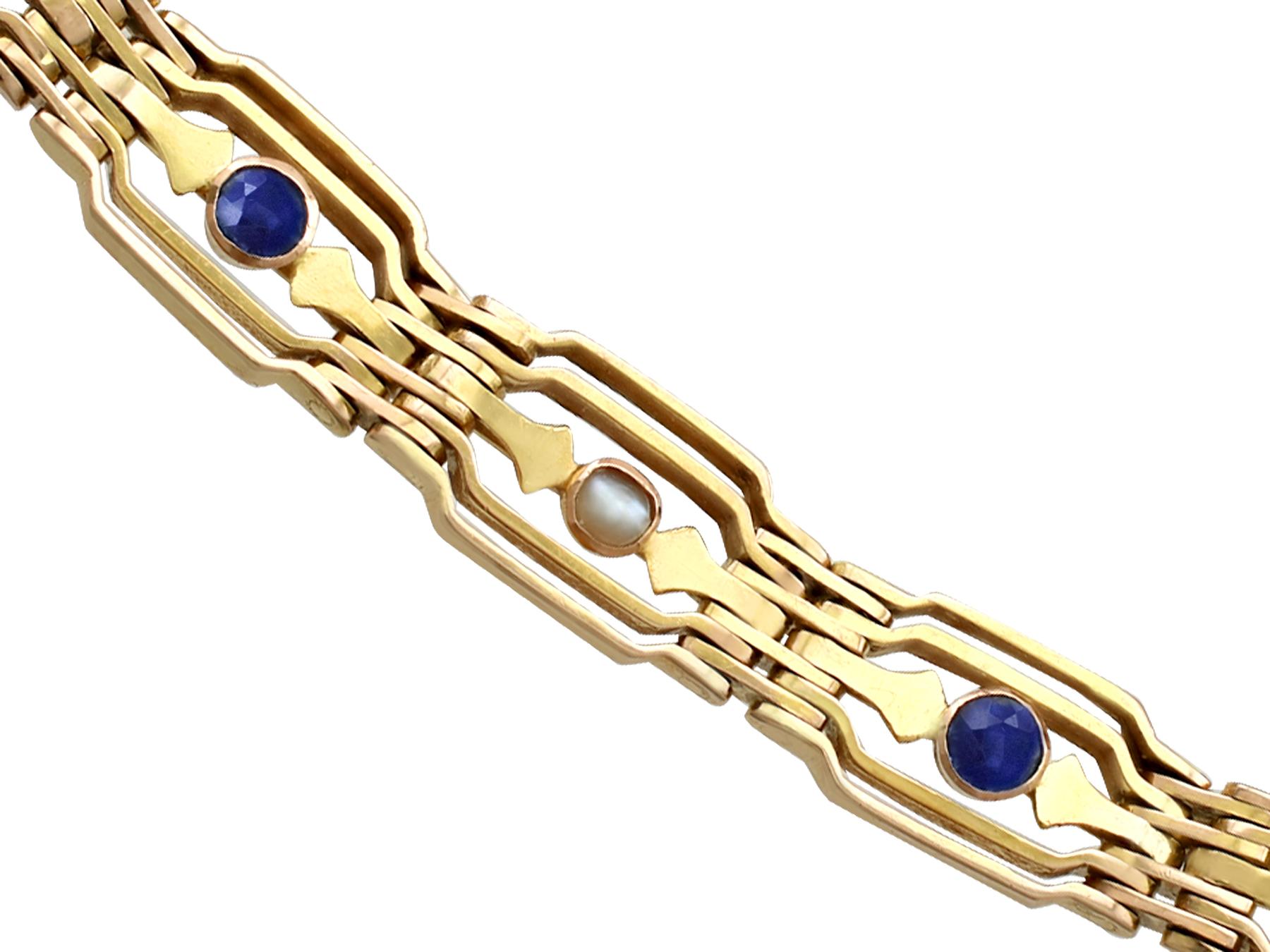 Round Cut Antique 1910 Sapphire and Seed Pearl Yellow Gold Gate Bracelet