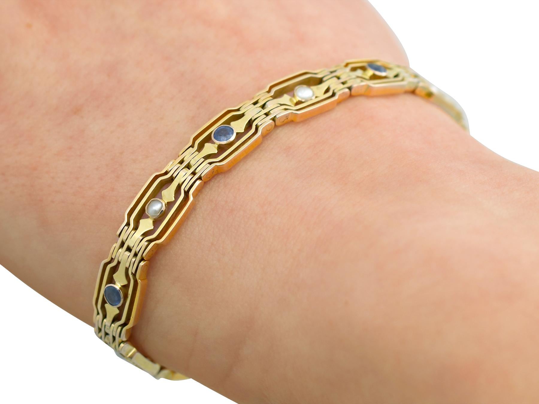 Antique 1910 Sapphire and Seed Pearl Yellow Gold Gate Bracelet 2