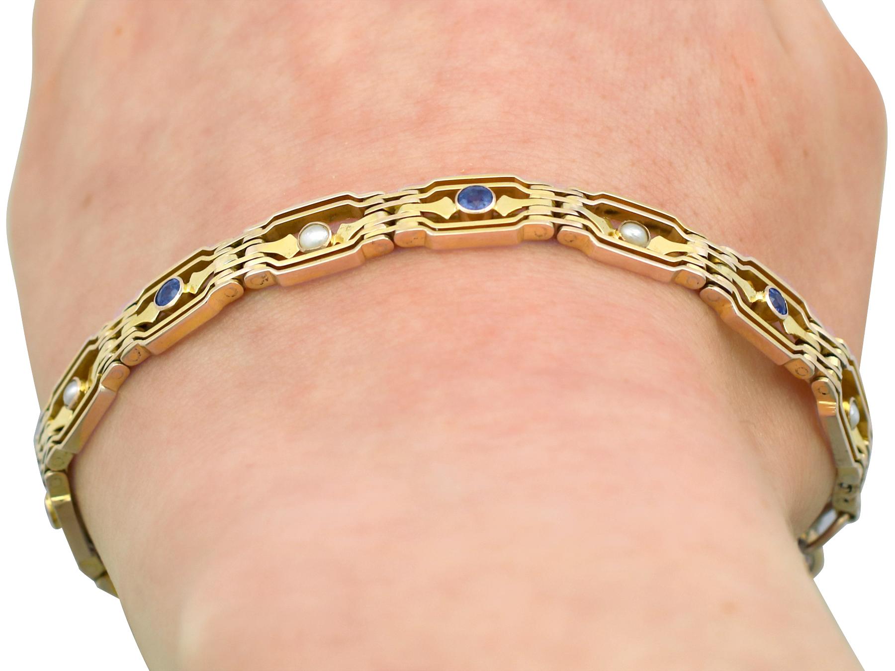 Antique 1910 Sapphire and Seed Pearl Yellow Gold Gate Bracelet 3