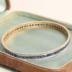 Antique Alternate Sapphire & Diamond Bangle Bracelet Platinum 18k Yellow Gold