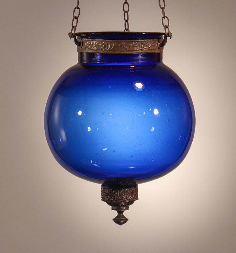 Antique Sapphire Blue Globe Bell Jar Lantern For Sale 4