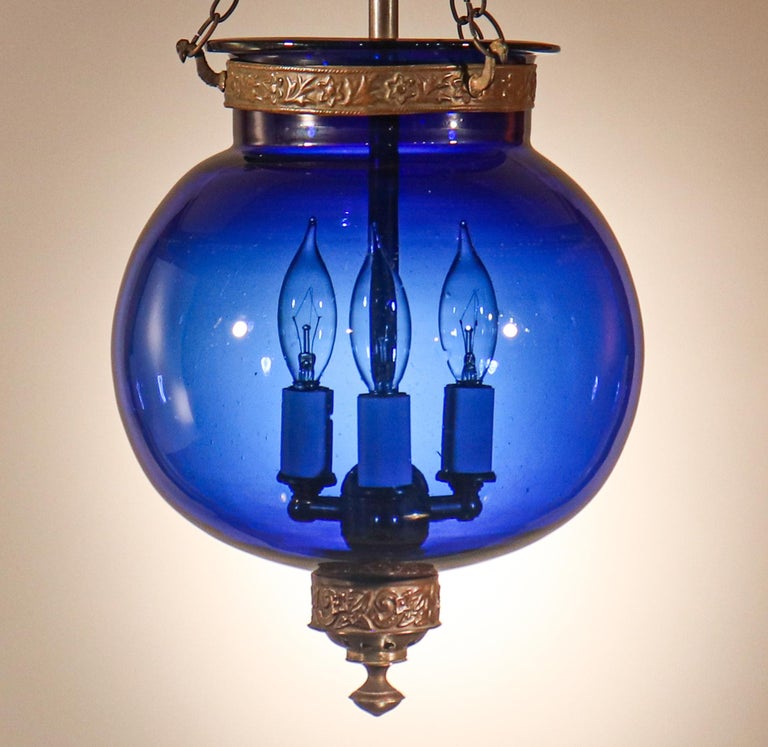 English Antique Sapphire Blue Globe Bell Jar Lantern For Sale