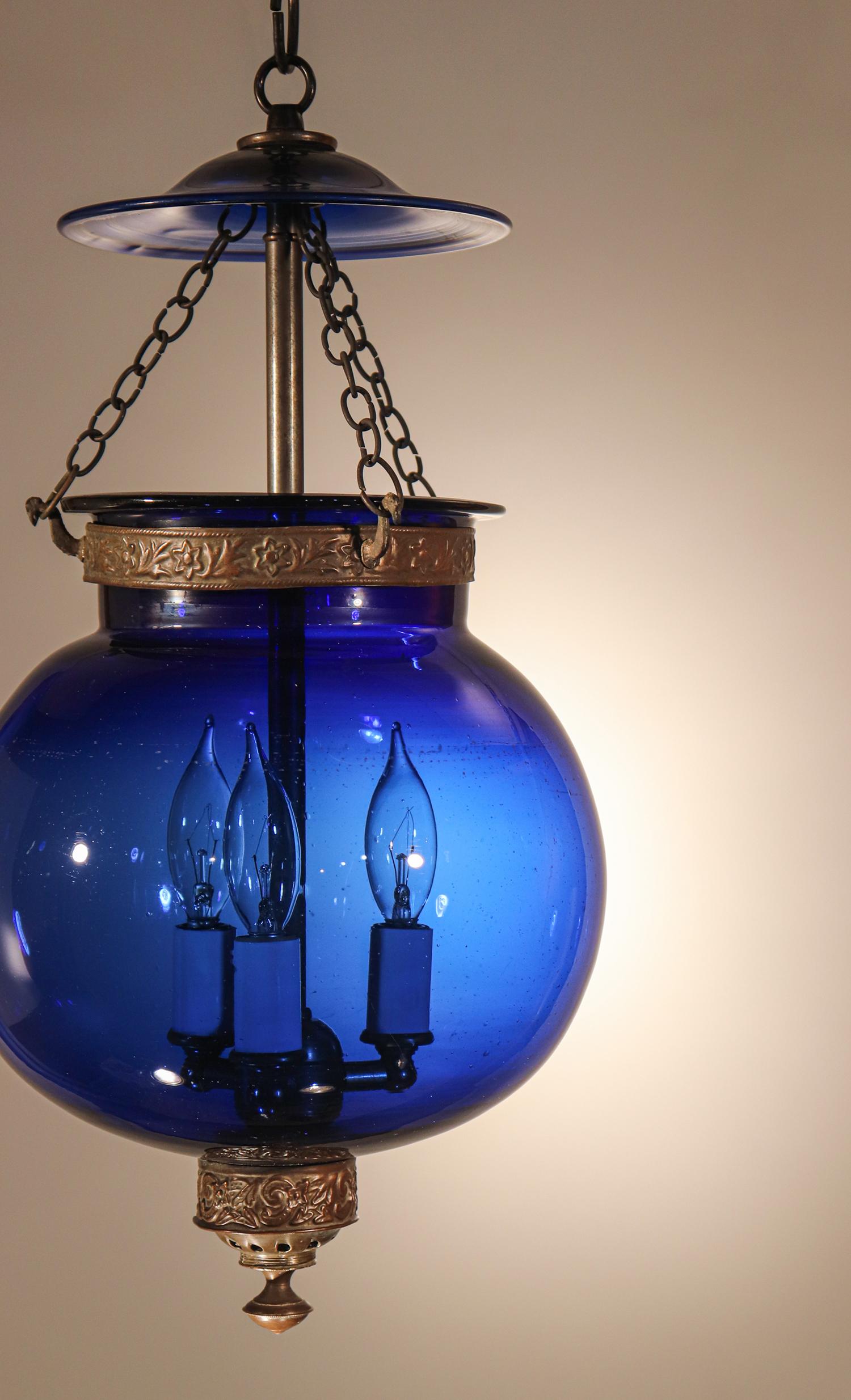 Antique Sapphire Blue Globe Bell Jar Lantern In Good Condition In Heath, MA