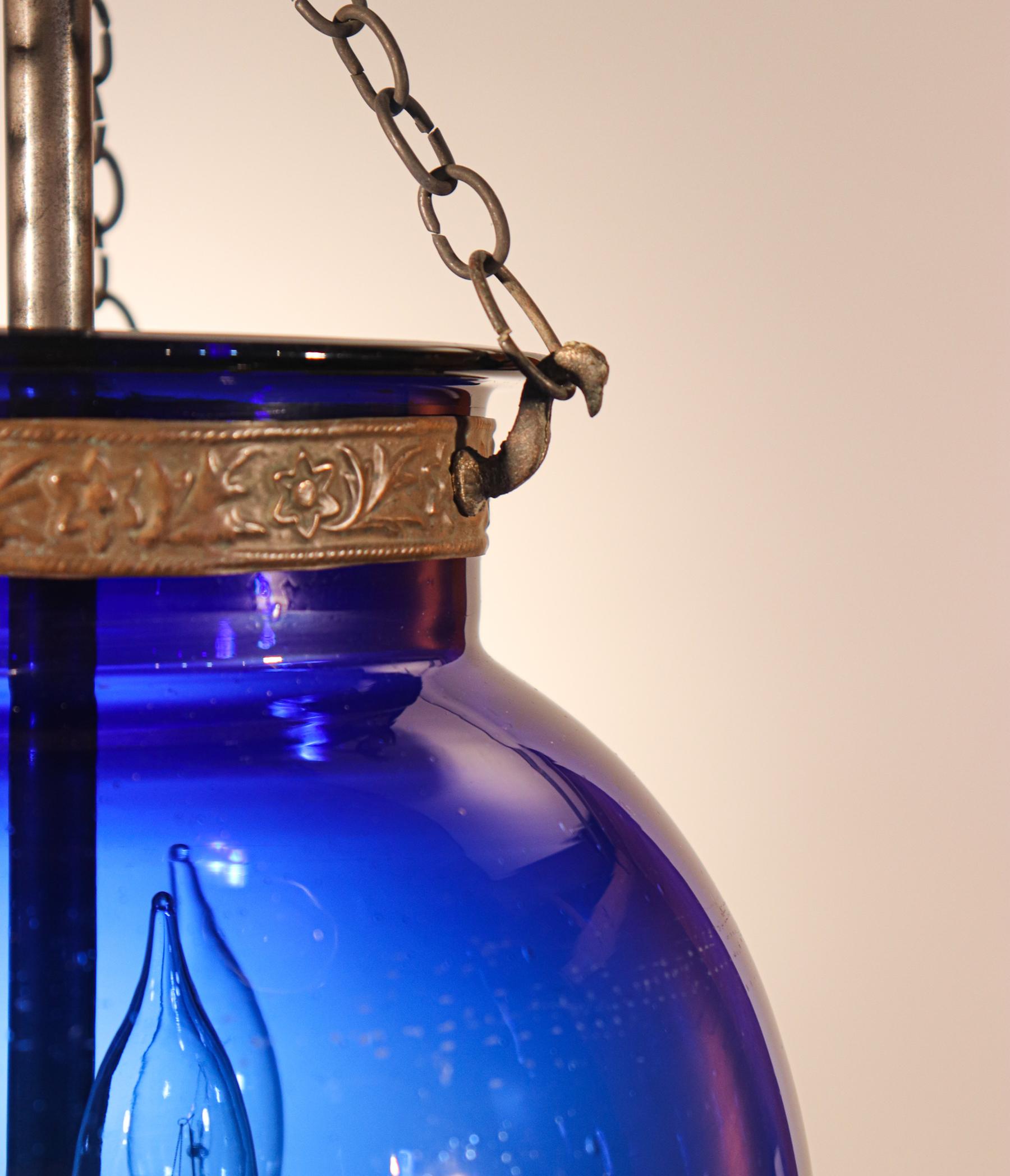 Brass Antique Sapphire Blue Globe Bell Jar Lantern