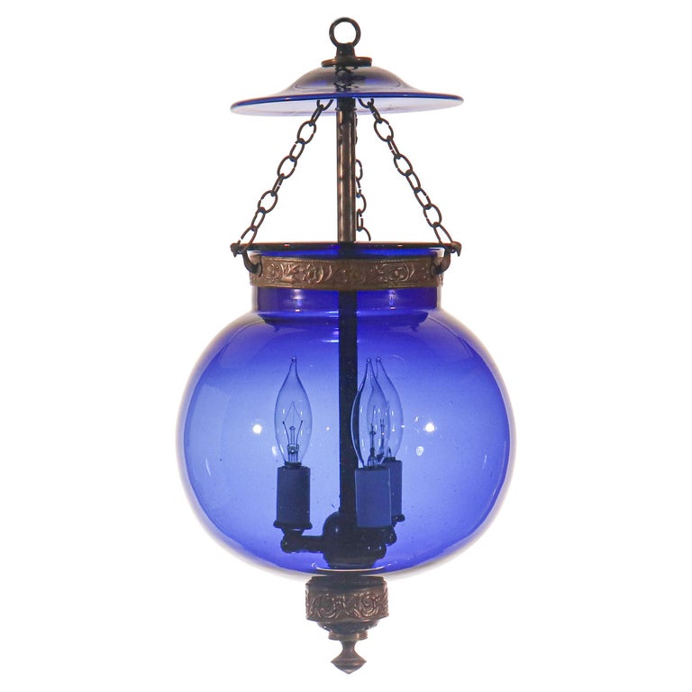 Antique Sapphire Blue Globe Bell Jar Lantern For Sale
