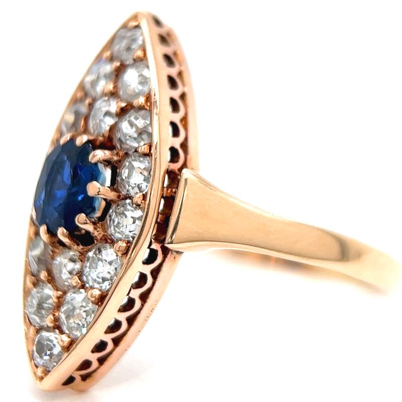 Antique Sapphire Diamond 14 Karat Rose Gold Navette Ring In Excellent Condition In Beverly Hills, CA