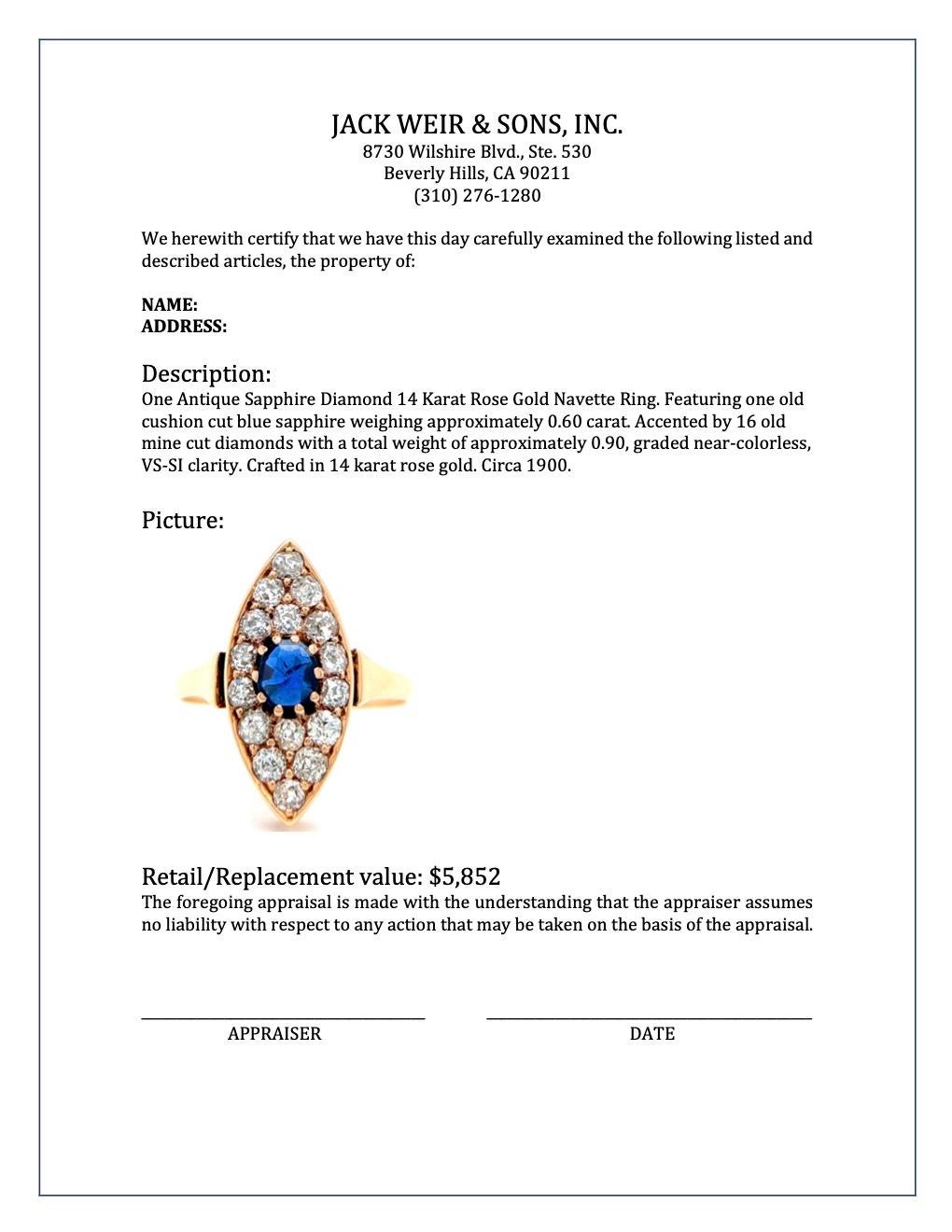 Antique Sapphire Diamond 14 Karat Rose Gold Navette Ring 1