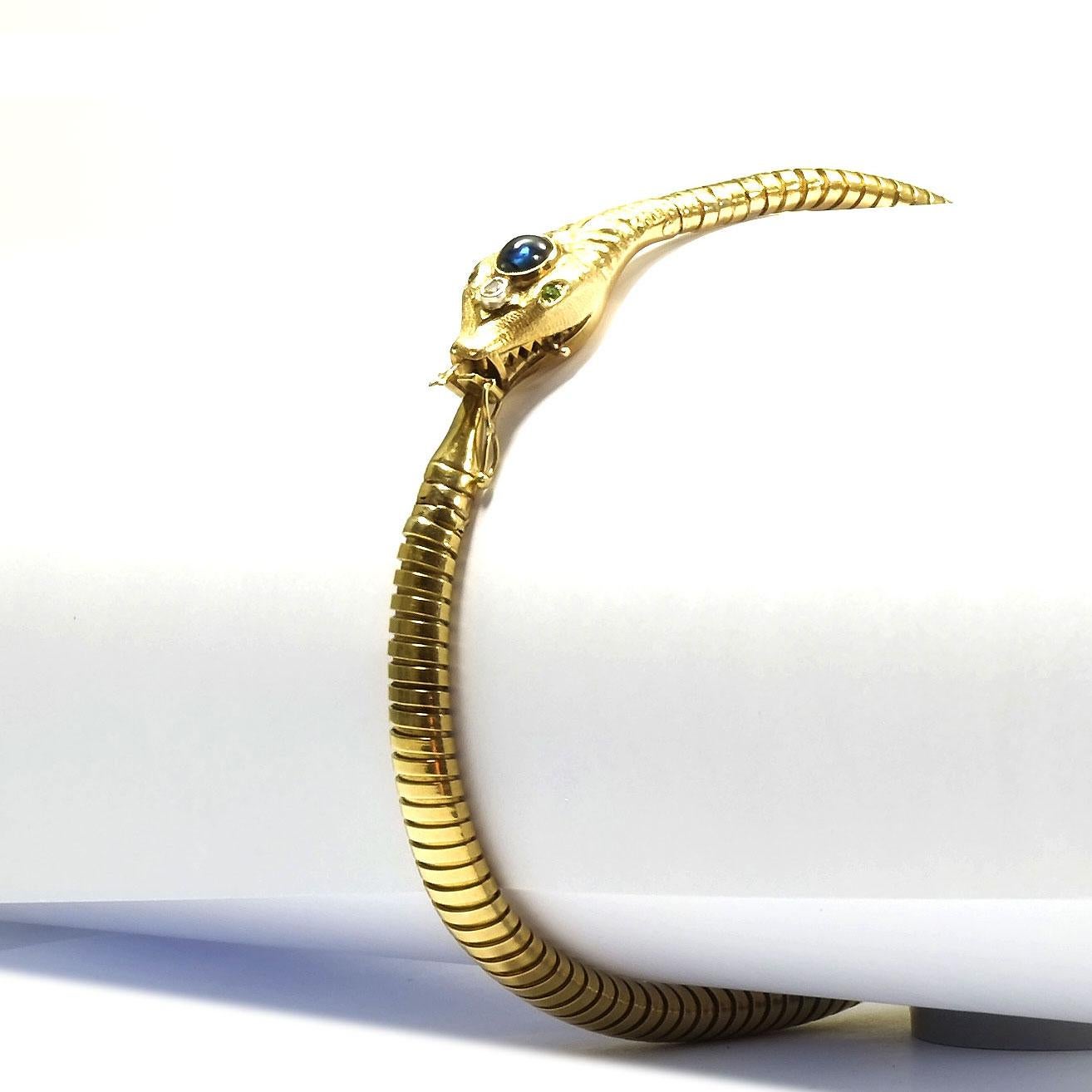 Antikes Saphir-Diamant 14K Gold Schlangen-Tubogas-Armband, um 1925/30 (Cabochon) im Angebot