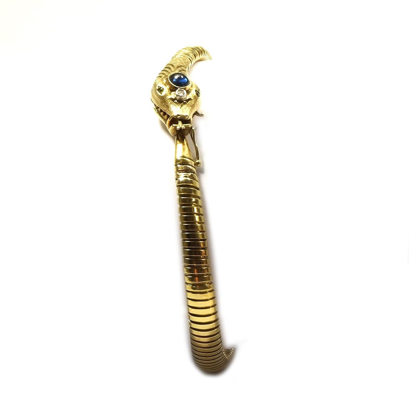 Cabochon Antique Sapphire Diamond 14K Gold Snake Tubogas Bracelet, circa 1925/30 For Sale