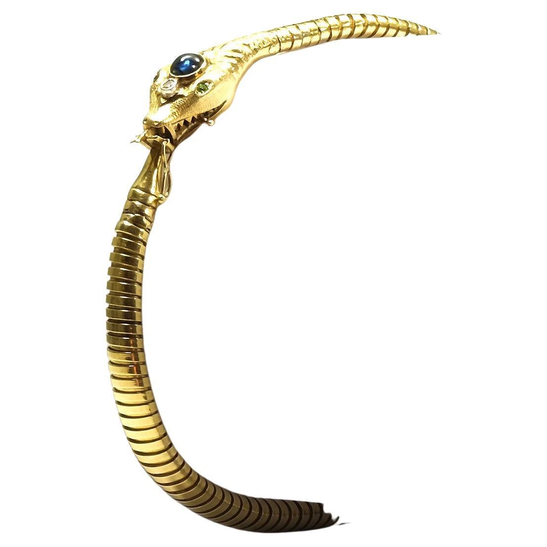 Antikes Saphir-Diamant 14K Gold Schlangen-Tubogas-Armband, um 1925/30 im Angebot