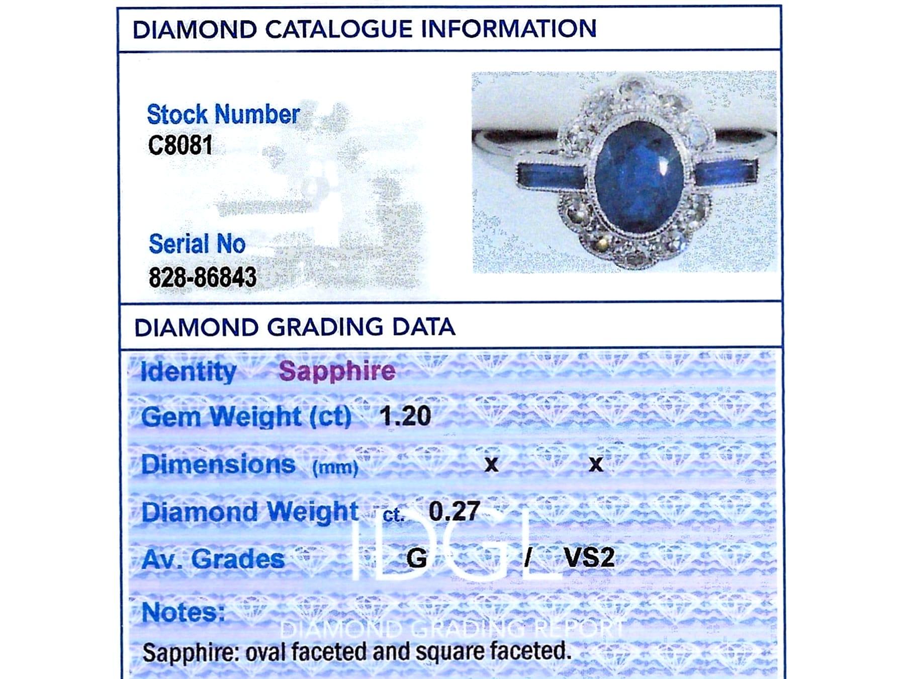 Women's or Men's Antique Sapphire Diamond 18k White Gold Cluster Ring For Sale