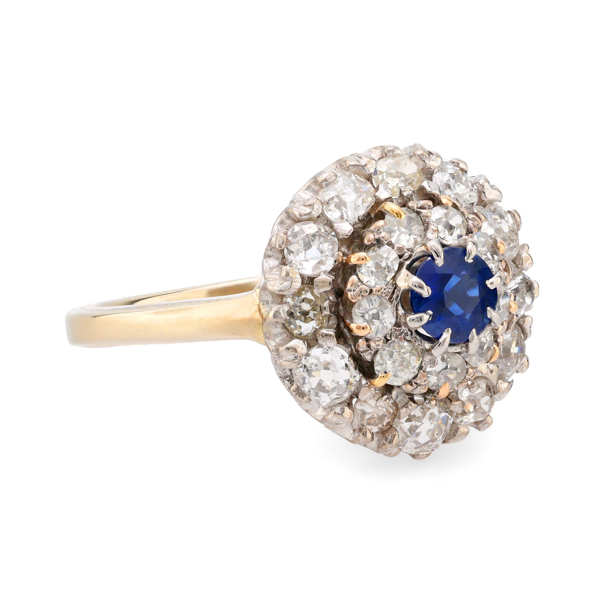Victorian Antique sapphire diamond 18k yellow gold cluster ring