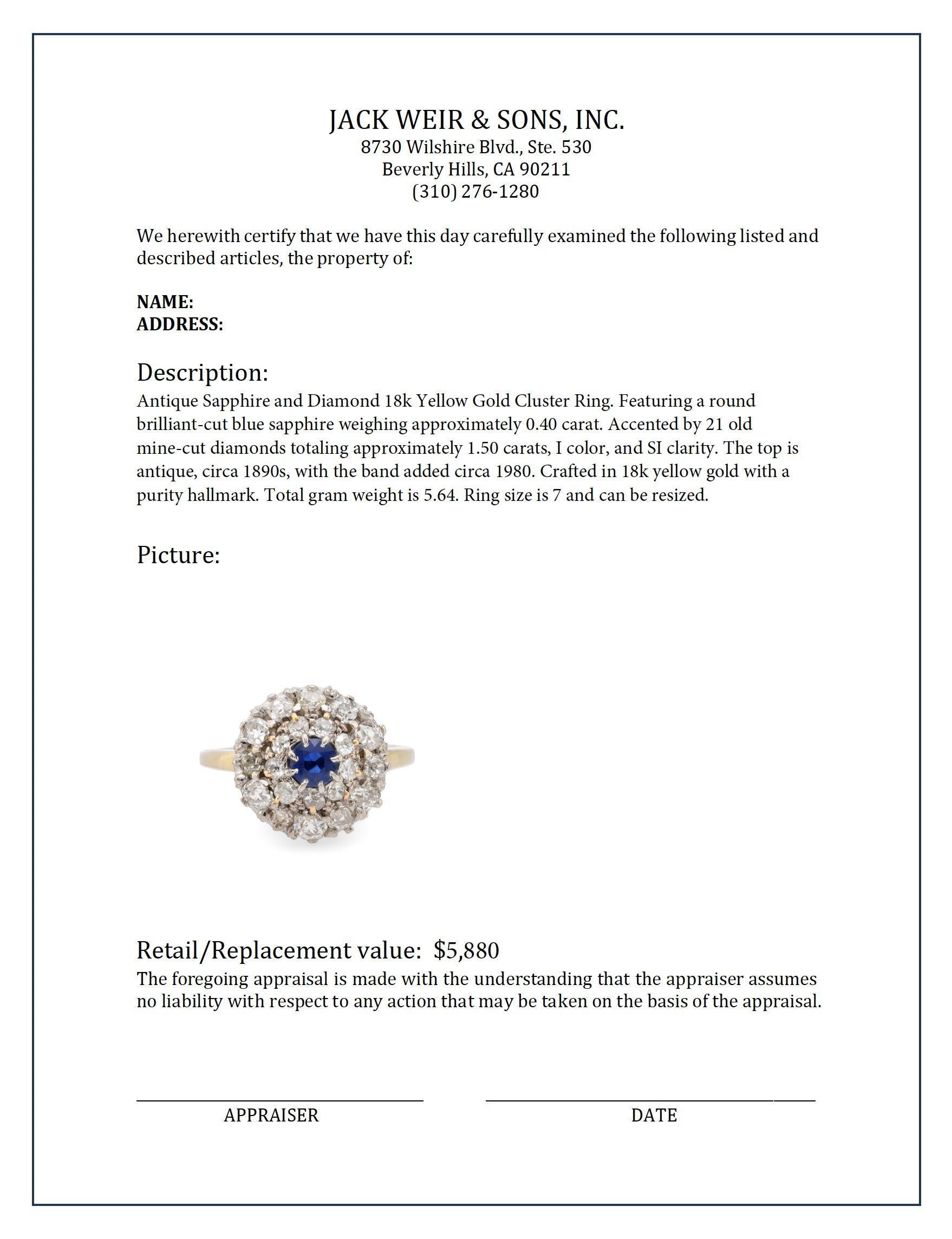 Antique sapphire diamond 18k yellow gold cluster ring In Excellent Condition In Beverly Hills, CA