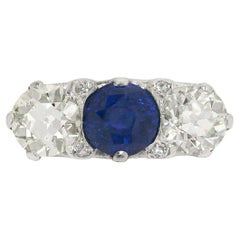 Antique Sapphire Diamond 3 Stone Engagement Ring 6 Carats Art Deco 1920 Platinum