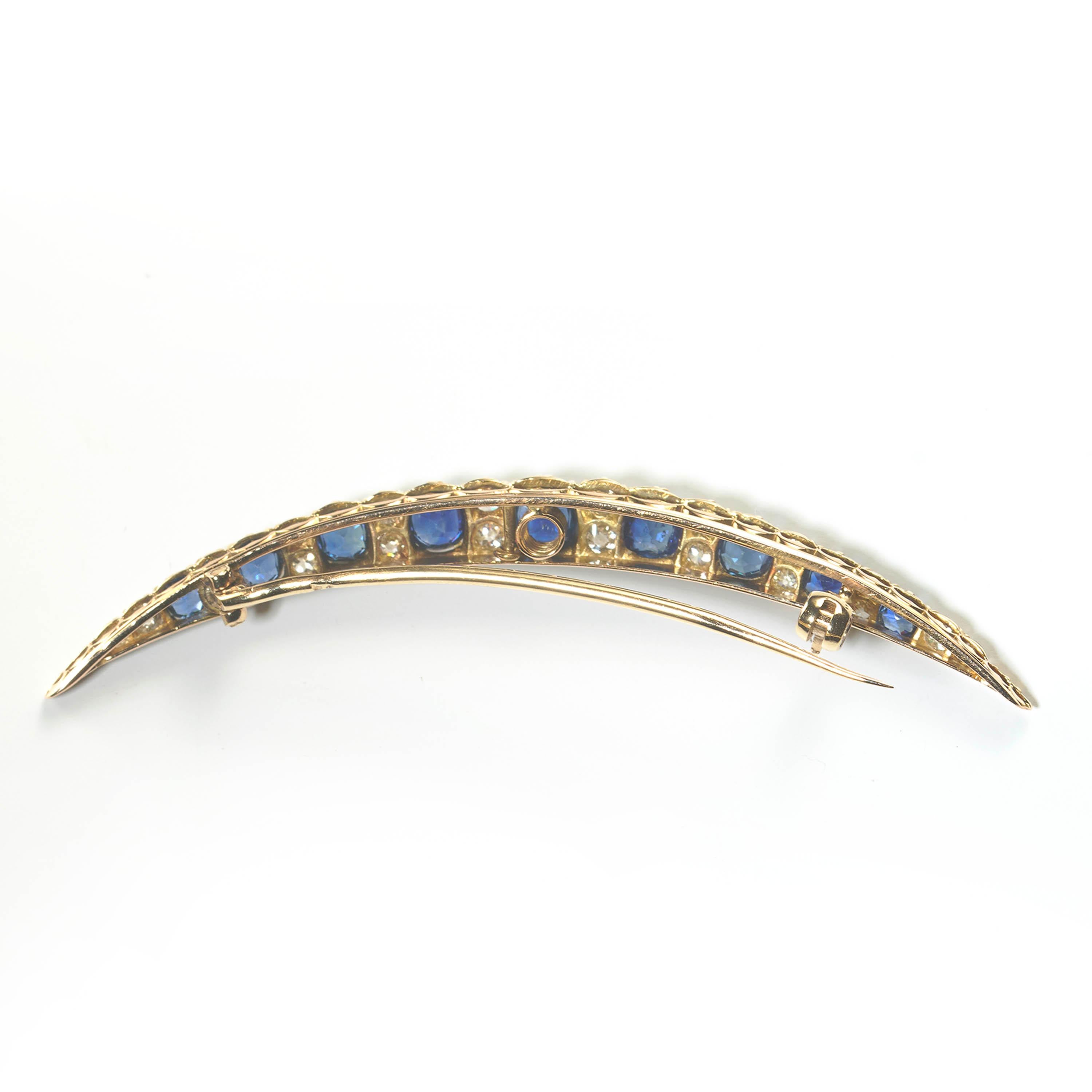 Late Victorian Antique Sapphire, Diamond and Gold Crescent Brooch, Circa 1890 For Sale