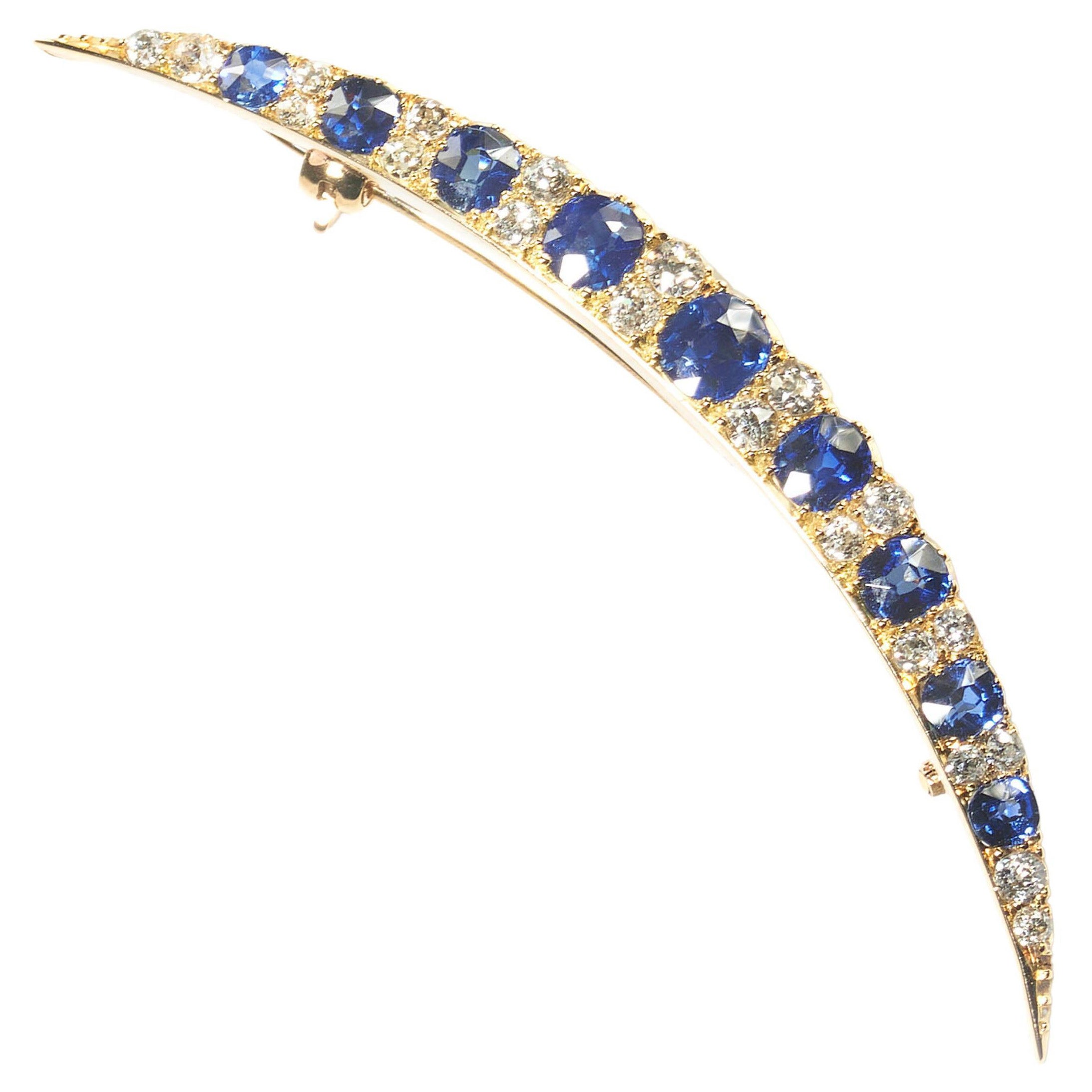 Antique Sapphire, Diamond and Gold Crescent Brooch, Circa 1890 For Sale