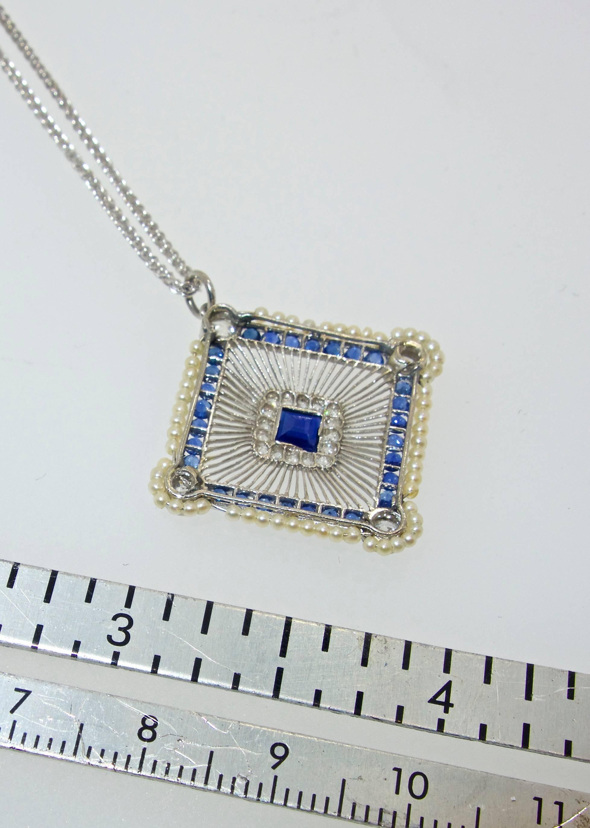 Edwardian Antique Sapphire, Diamond and Natural Pearl Pendant