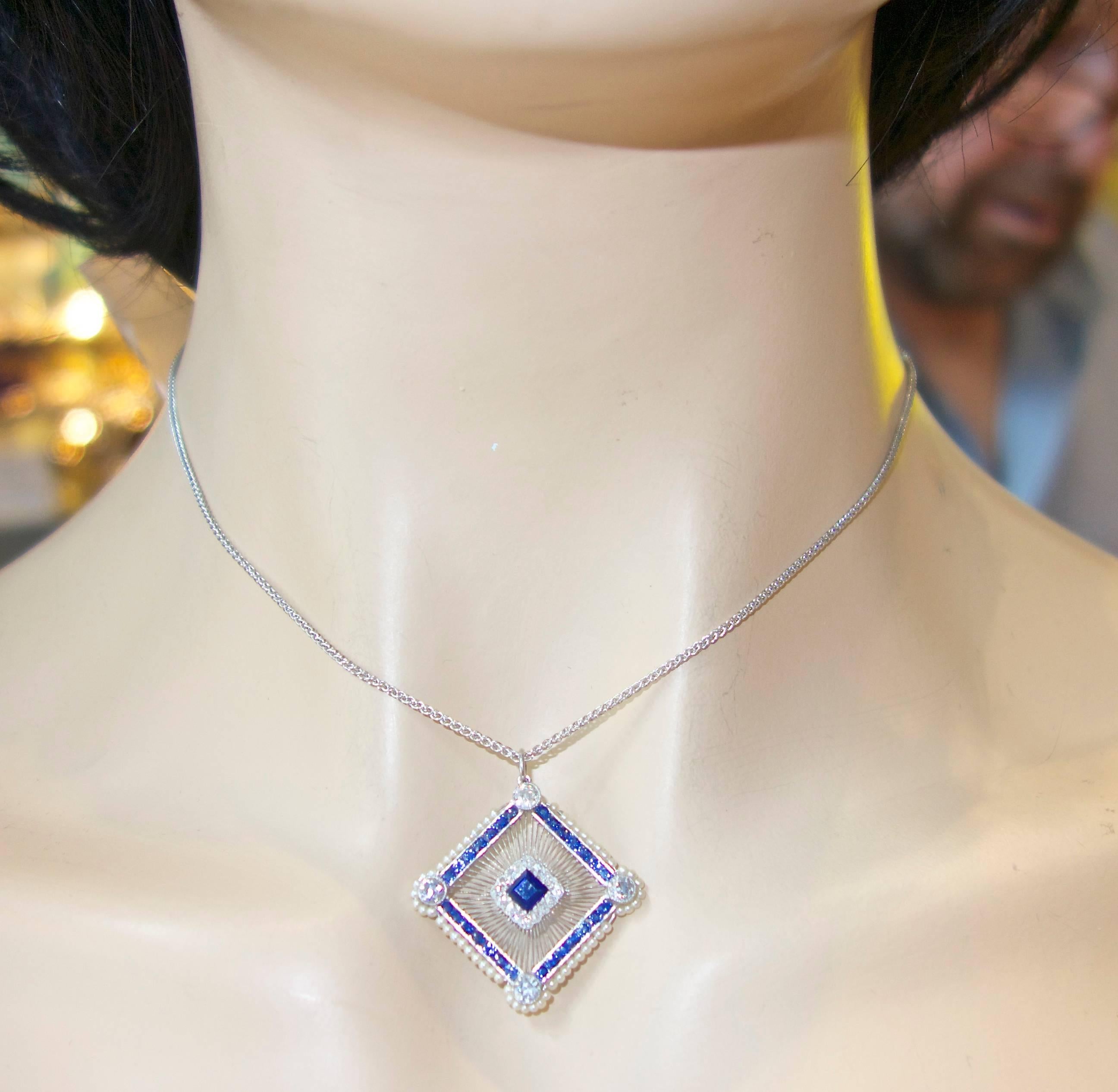 Antique Sapphire, Diamond and Natural Pearl Pendant In Excellent Condition In Aspen, CO