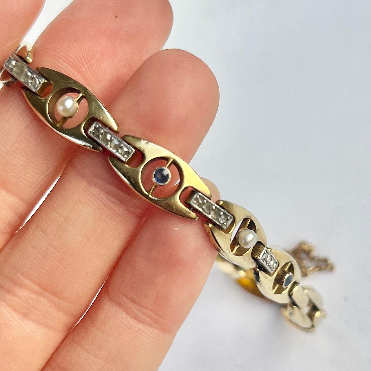 Round Cut Antique Sapphire, Diamond and Pearl 14 Carat Gold Bracelet For Sale