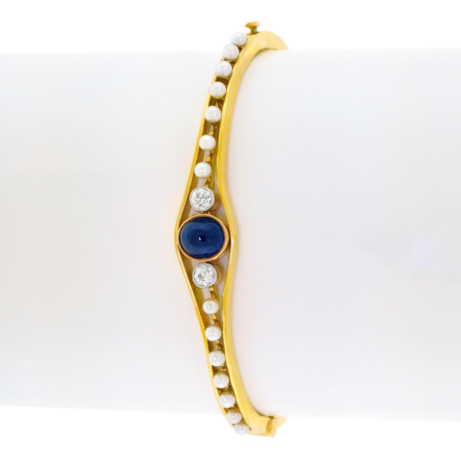 Edwardian Antique Sapphire Diamond and Pearl Bangle For Sale