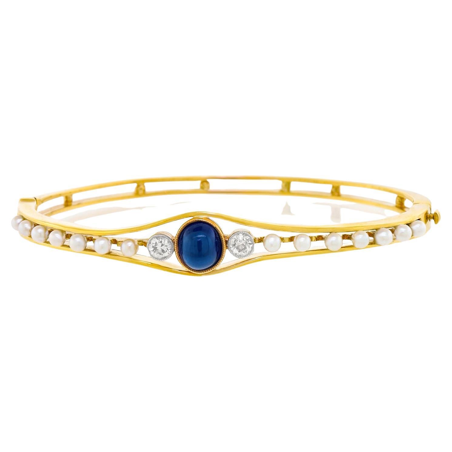 Antique Sapphire Diamond and Pearl Bangle For Sale