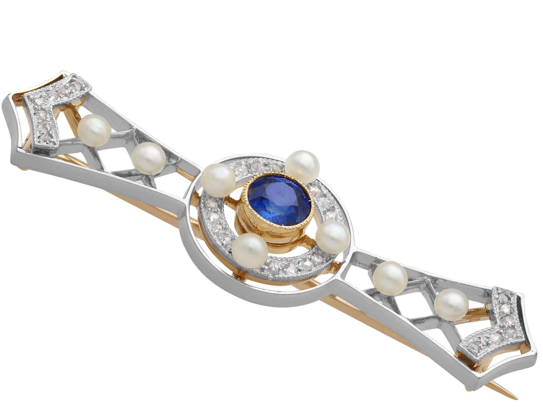 Round Cut Antique Sapphire Diamond and Seed Pearl Yellow Gold and Platinum Brooch For Sale