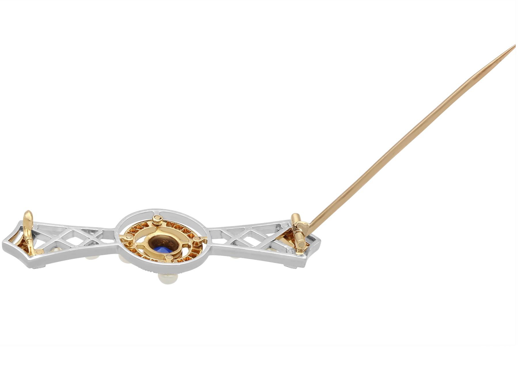 Women's or Men's Antique Sapphire Diamond and Seed Pearl Yellow Gold and Platinum Brooch For Sale