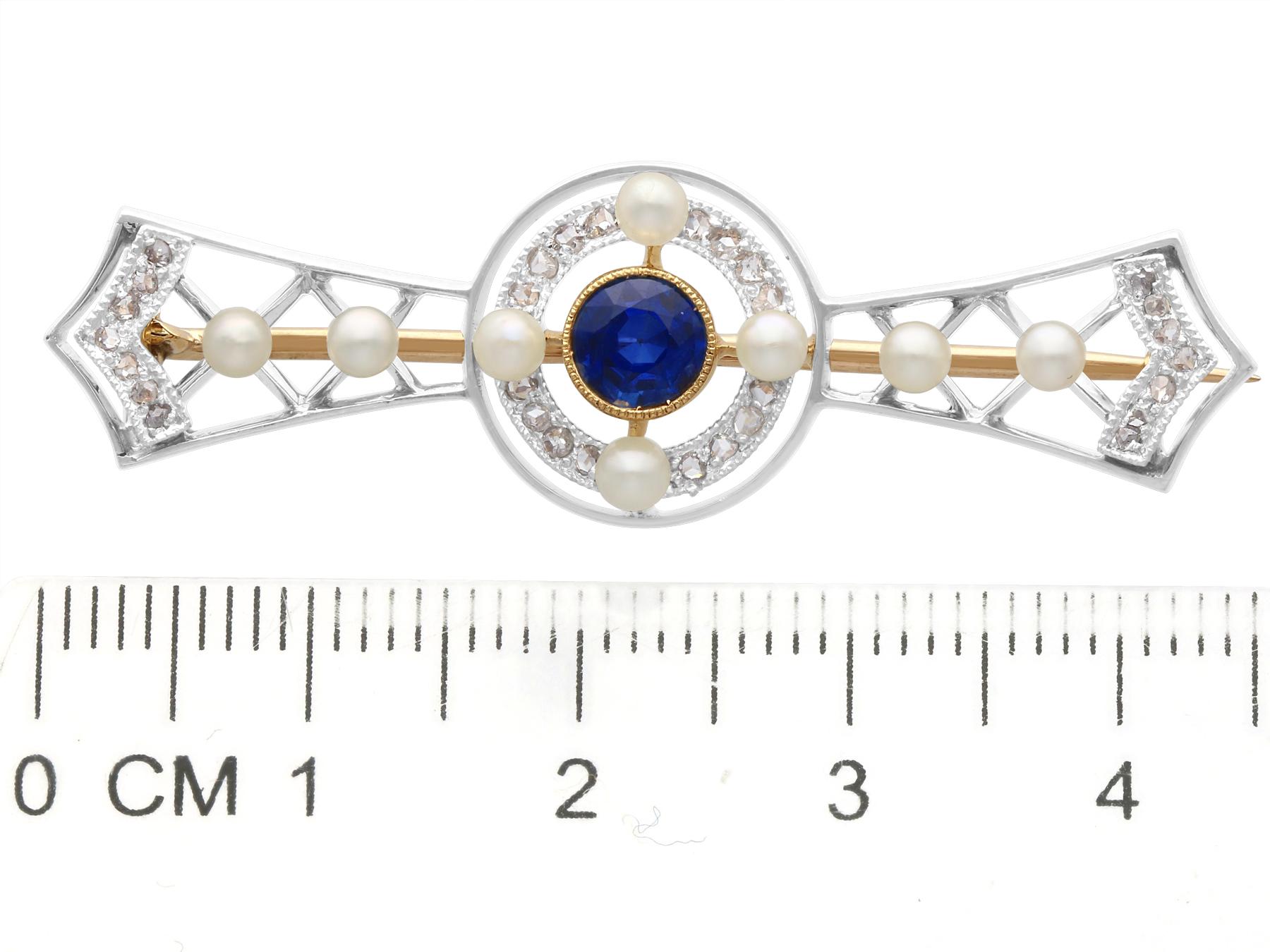 Antique Sapphire Diamond and Seed Pearl Yellow Gold and Platinum Brooch For Sale 1