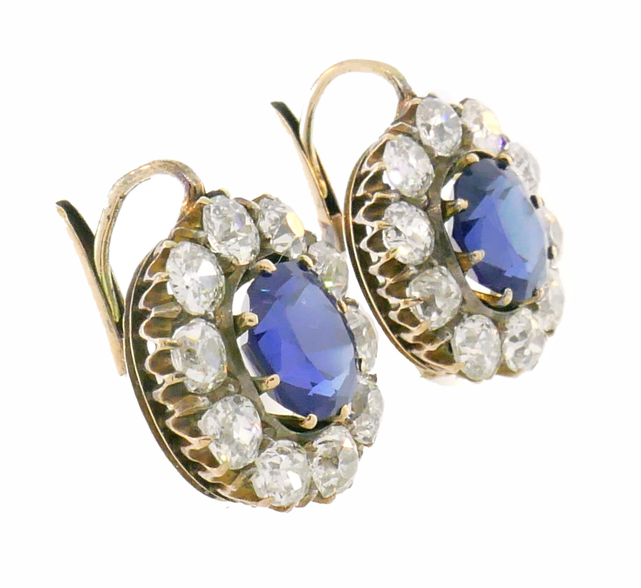 Antique Sapphire Diamond Cluster Earrings Drop Stud in Rose Gold Victorian In Good Condition In Beverly Hills, CA