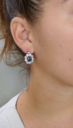Antique Sapphire Diamond Cluster Earrings Drop Stud in Silver Gold Victorian