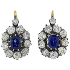 Antique Sapphire Diamond Cluster Earrings Drop Stud in Silver Gold Victorian