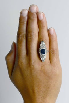 Antique Sapphire Diamond Cocktail Ring Navette Edwardian 3 Carat