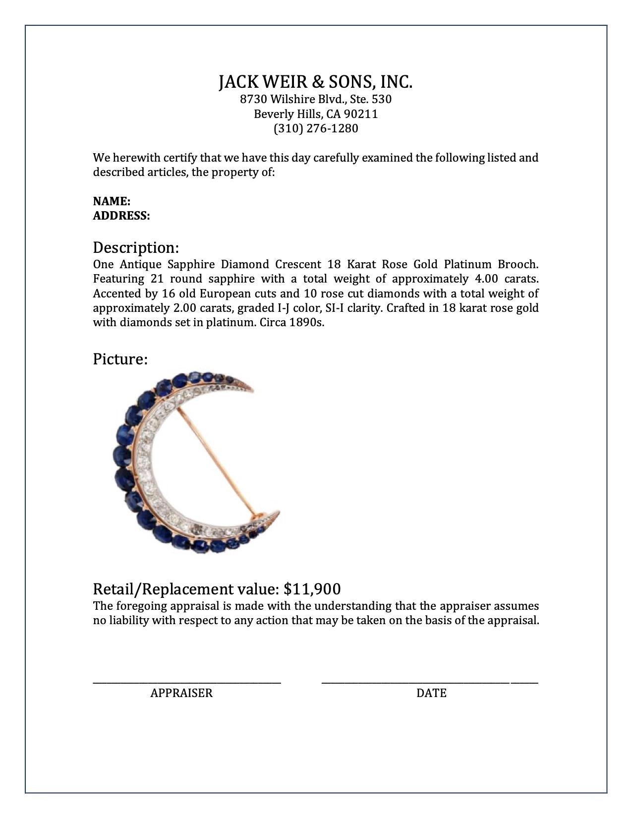 Women's or Men's Antique Sapphire Diamond Crescent 18 Karat Rose Gold Platinum Brooch