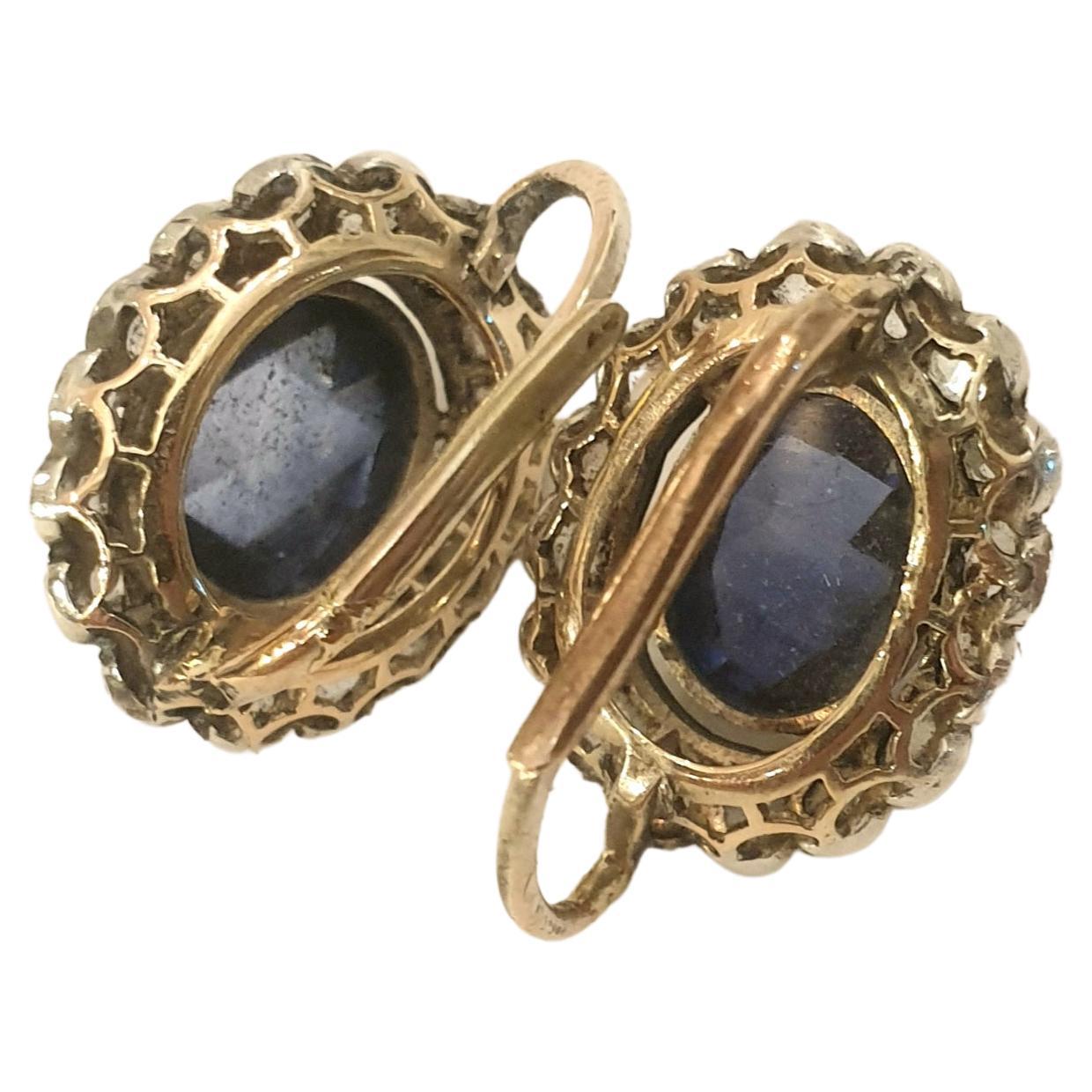 Antique Sapphire And Rose Cut Diamond Gold Earrings  In Good Condition For Sale In Cairo, EG