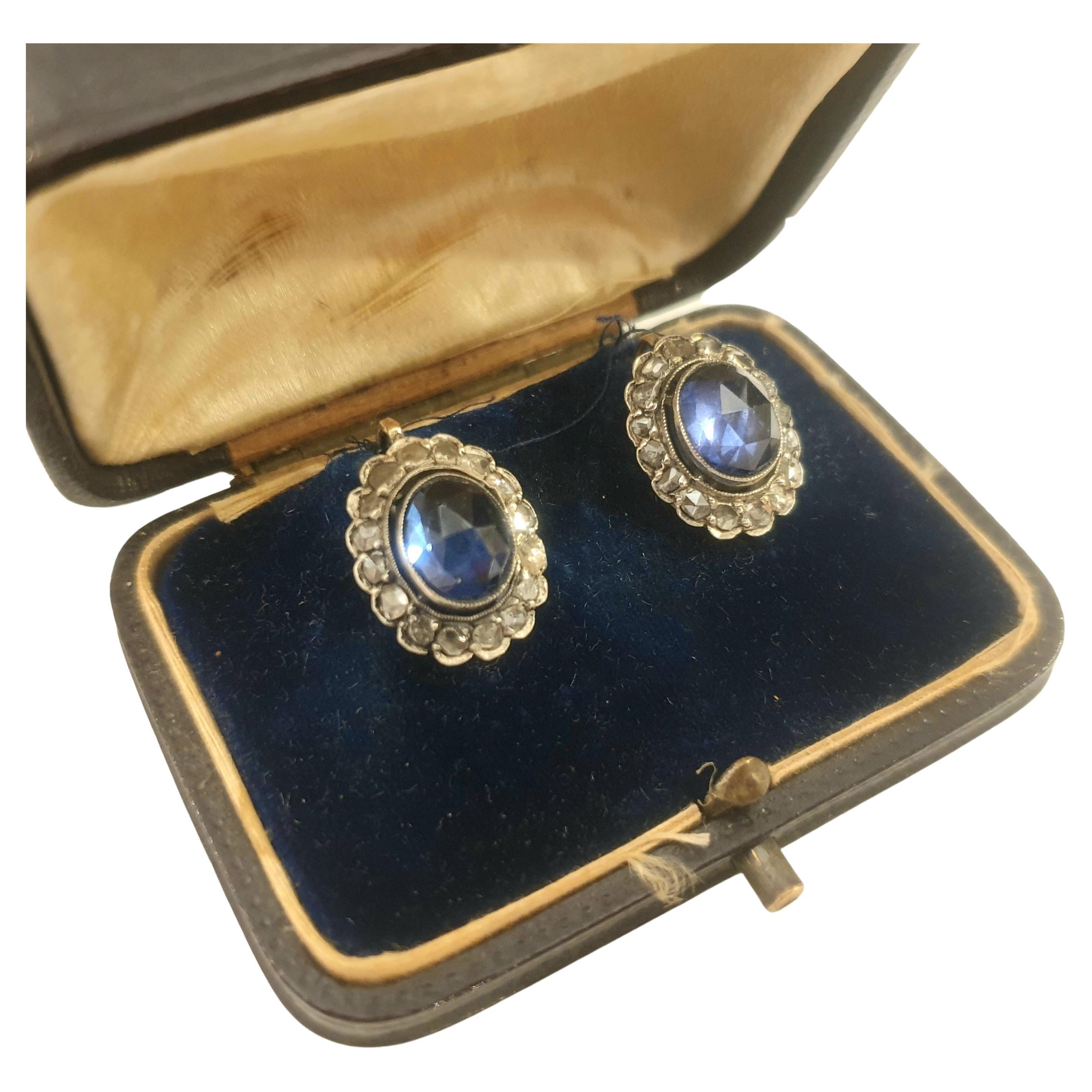Antique Sapphire And Rose Cut Diamond Gold Earrings  For Sale