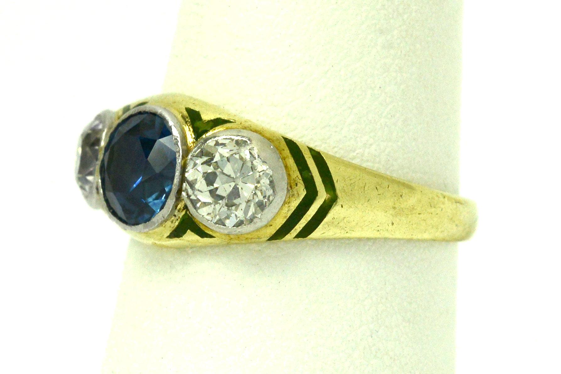 Antique Sapphire Diamond Engagement Ring 3-Stone Arts & Crafts Enamel circa 1910 In Good Condition In Santa Barbara, CA