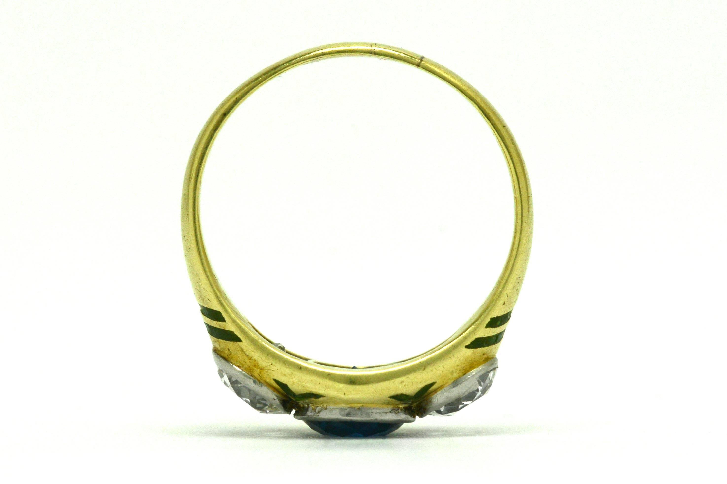 Women's Antique Sapphire Diamond Engagement Ring 3-Stone Arts & Crafts Enamel circa 1910
