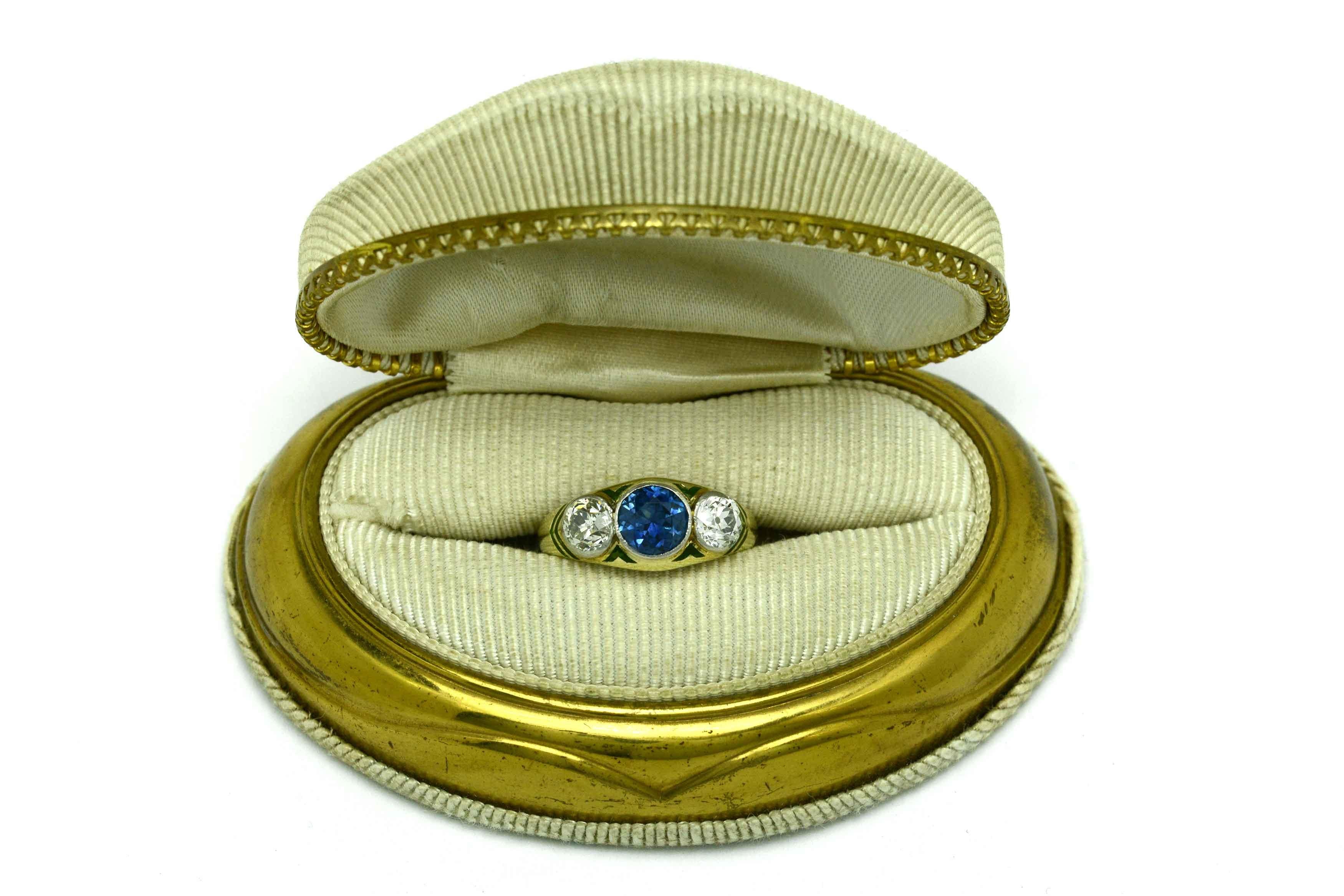 Antique Sapphire Diamond Engagement Ring 3-Stone Arts & Crafts Enamel circa 1910 2