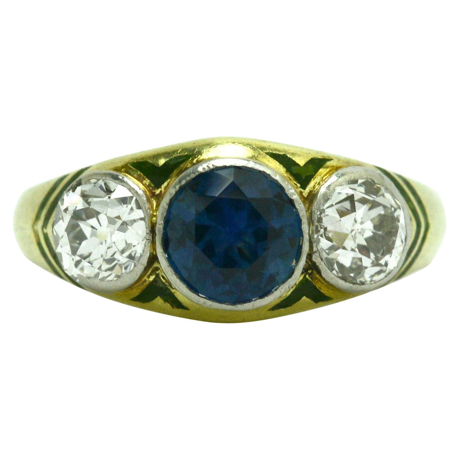 Antique Sapphire Diamond Engagement Ring 3-Stone Arts & Crafts Enamel circa 1910