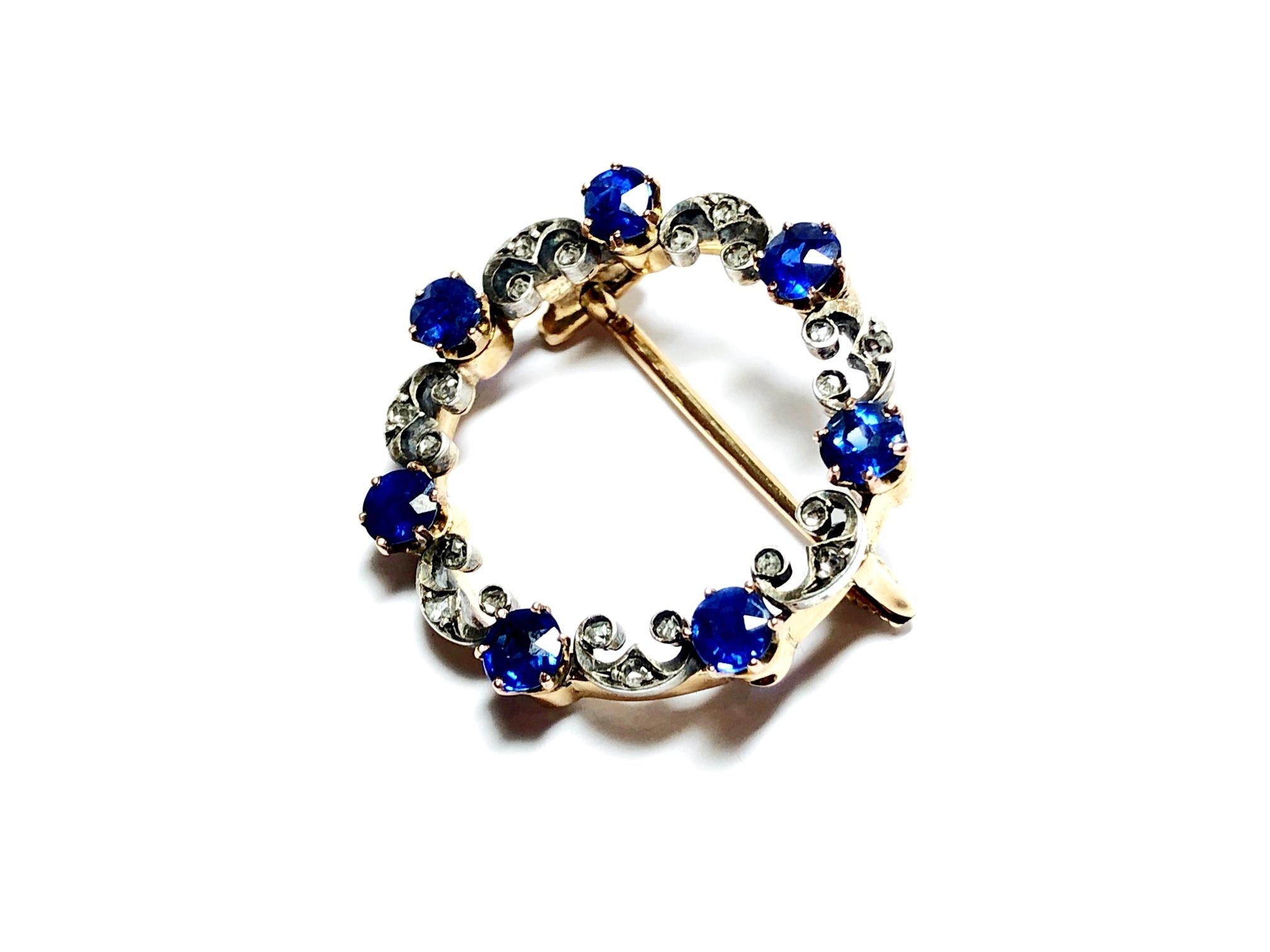 Victorian Antique Sapphire, Diamond, Gold and Silver Circle Brooch, circa 1900 For Sale